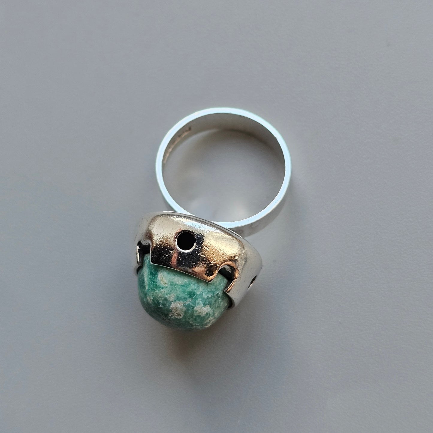 1960s Finnish Modernist Silver & Amazonite Ring — Martti Viikinniemi - UK Ring Size N 1/2 -  US Ring Size 7 - 1966