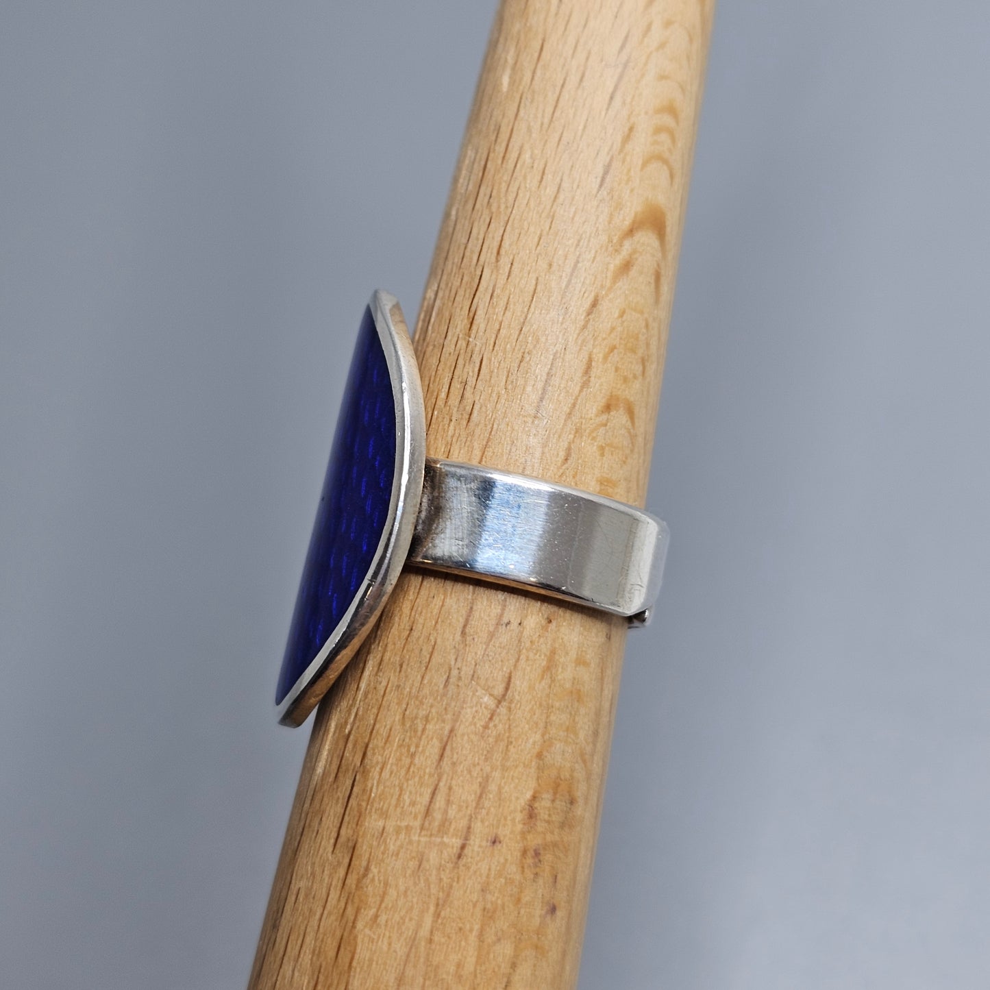Finnish Modernist Sterling Silver & Blue Enamel Ring — Pekka Piekäinen — Marquise - UK Ring Size L -  US Ring Size 5.75