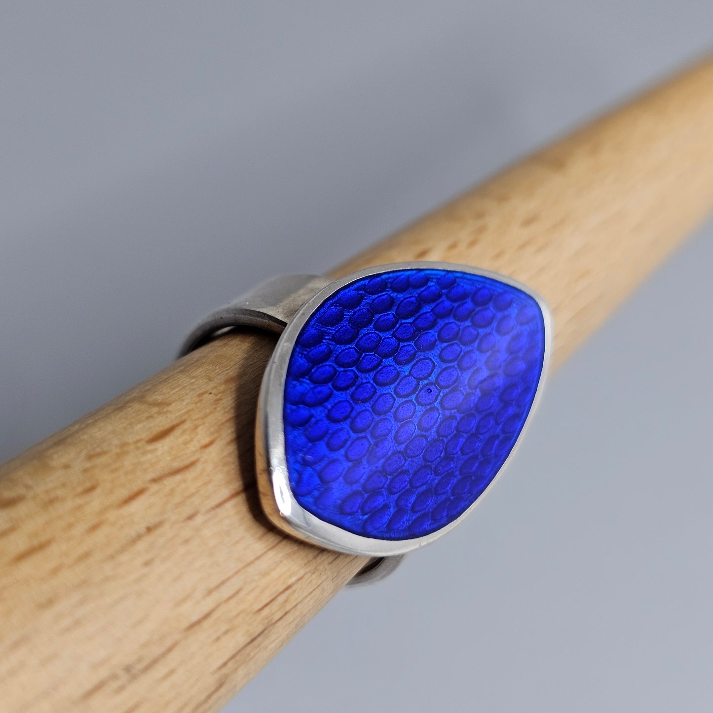 Finnish Modernist Sterling Silver & Blue Enamel Ring — Pekka Piekäinen — Marquise - UK Ring Size L -  US Ring Size 5.75