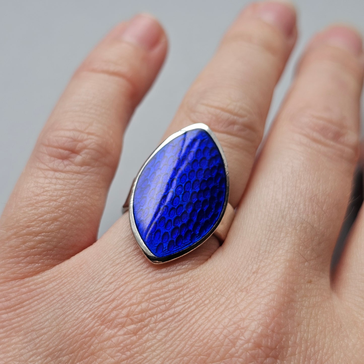 Finnish Modernist Sterling Silver & Blue Enamel Ring — Pekka Piekäinen — Marquise - UK Ring Size L -  US Ring Size 5.75