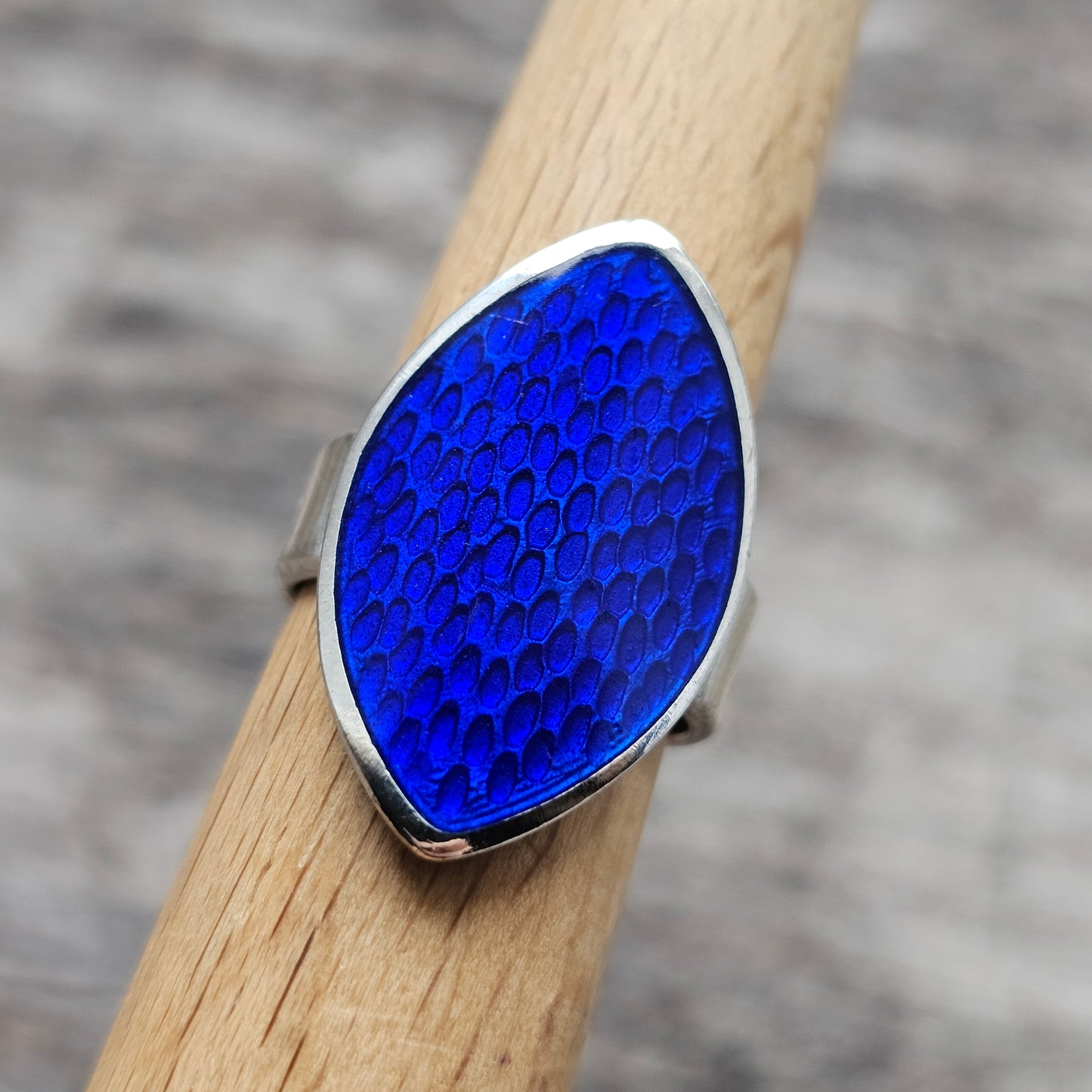 Finnish Modernist Sterling Silver & Blue Enamel Ring — Pekka Piekäinen — Marquise - UK Ring Size L -  US Ring Size 5.75
