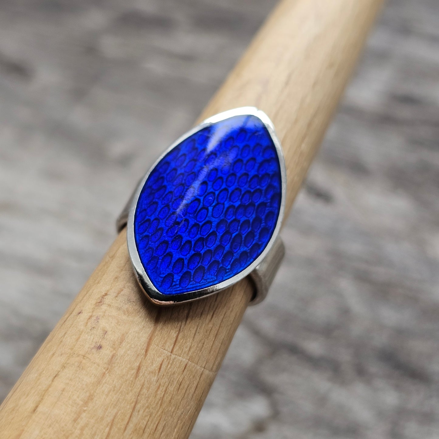 Finnish Modernist Sterling Silver & Blue Enamel Ring — Pekka Piekäinen — Marquise - UK Ring Size L -  US Ring Size 5.75