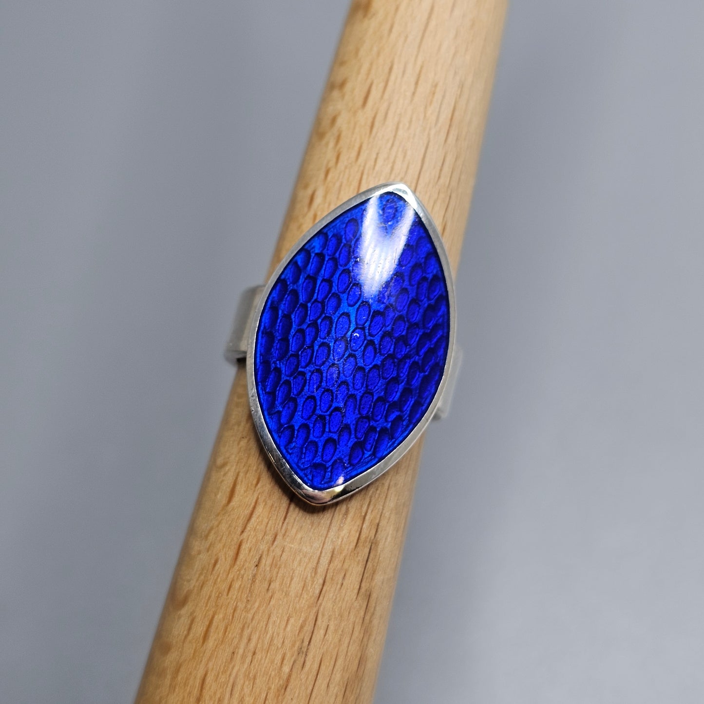 Finnish Modernist Sterling Silver & Blue Enamel Ring — Pekka Piekäinen — Marquise - UK Ring Size L -  US Ring Size 5.75