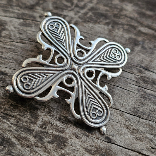 Vintage Kalevala Koru Räisälä Cross Silver Brooch – 12th Century Finnish Medieval Style, Middle Ages Revival Design 1965