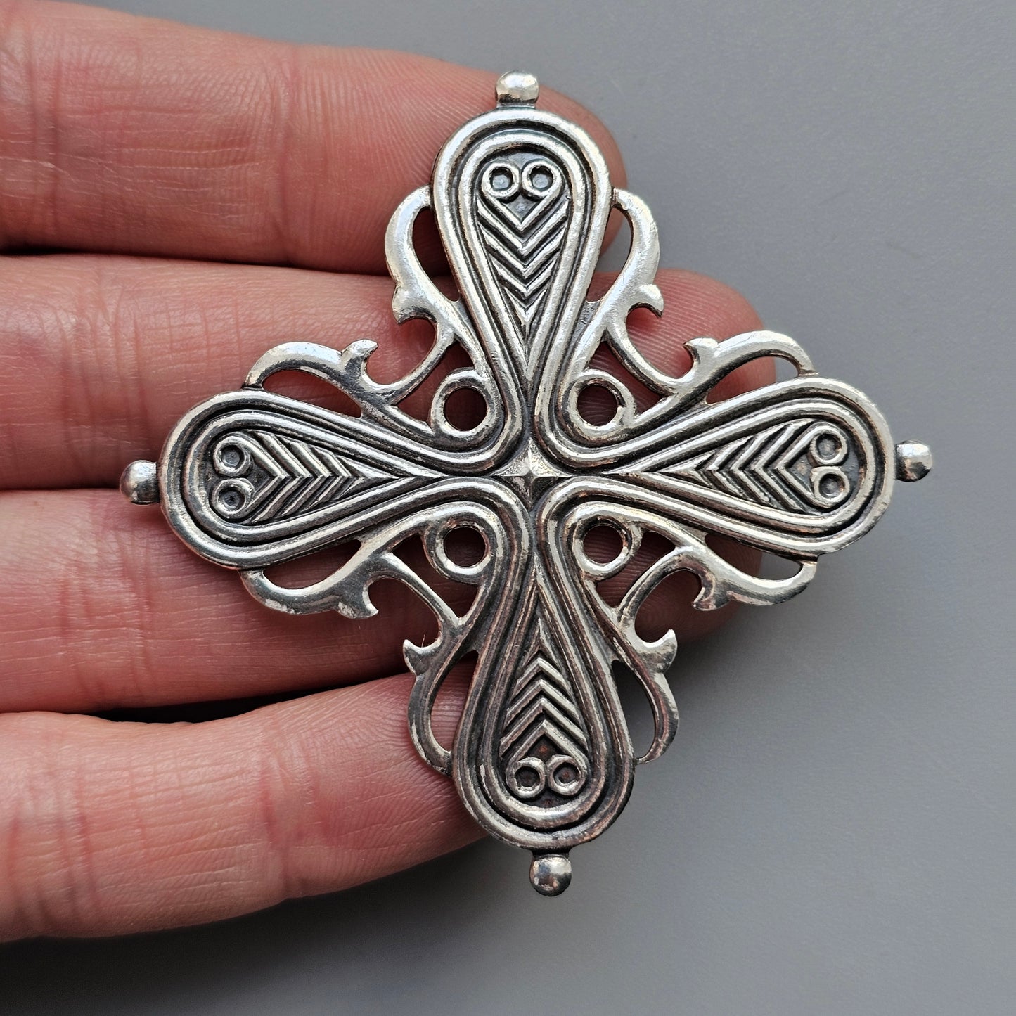 Vintage Kalevala Koru Räisälä Cross Silver Brooch – 12th Century Finnish Medieval Style, Middle Ages Revival Design 1965