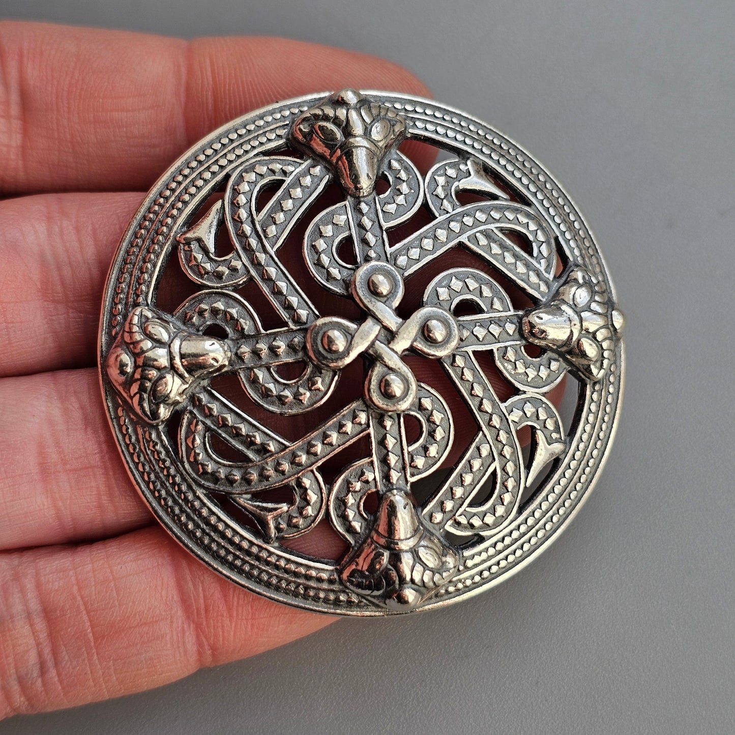 Vintage Kalevala Koru Silver Rams Head Shield Brooch – Viking Style Finnish Silver, Middle Ages Revival Design 1994