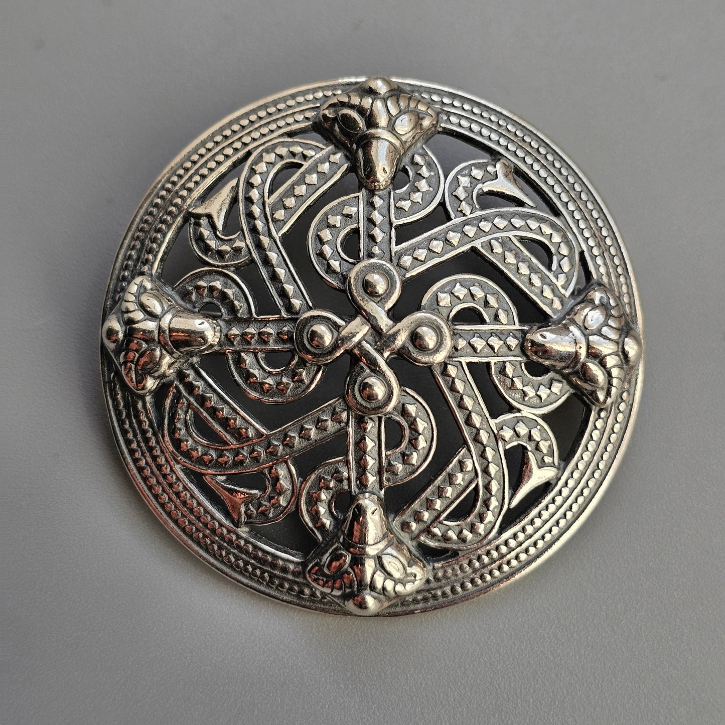 Vintage Kalevala Koru Silver Rams Head Shield Brooch – Viking Style Finnish Silver, Middle Ages Revival Design 1994