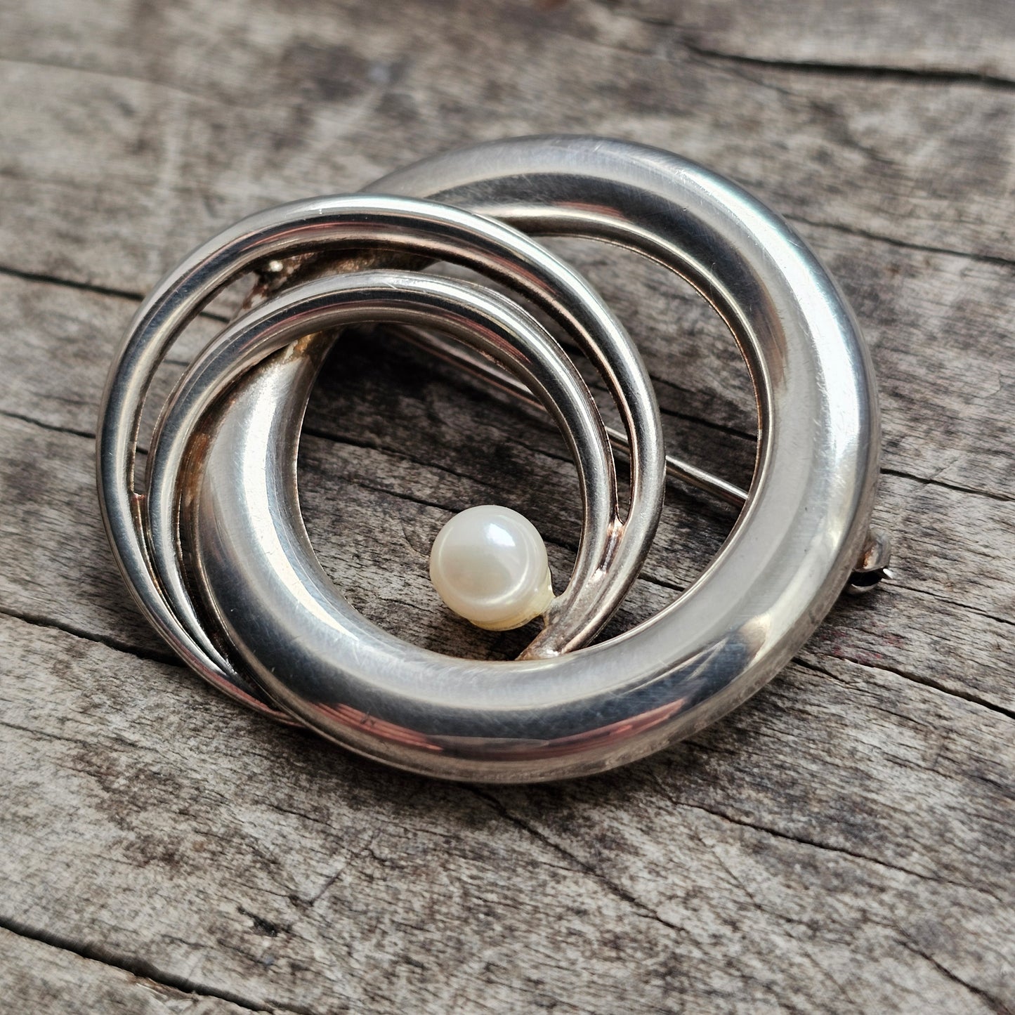 Vintage Modernist German Sterling Silver & Pearl Brooch by Andreas Daub