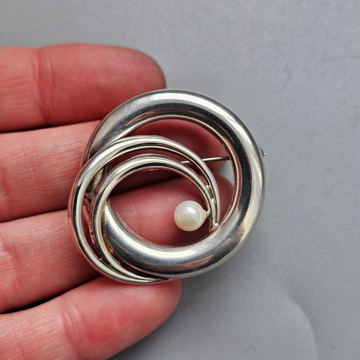 Vintage Modernist German Sterling Silver & Pearl Brooch by Andreas Daub