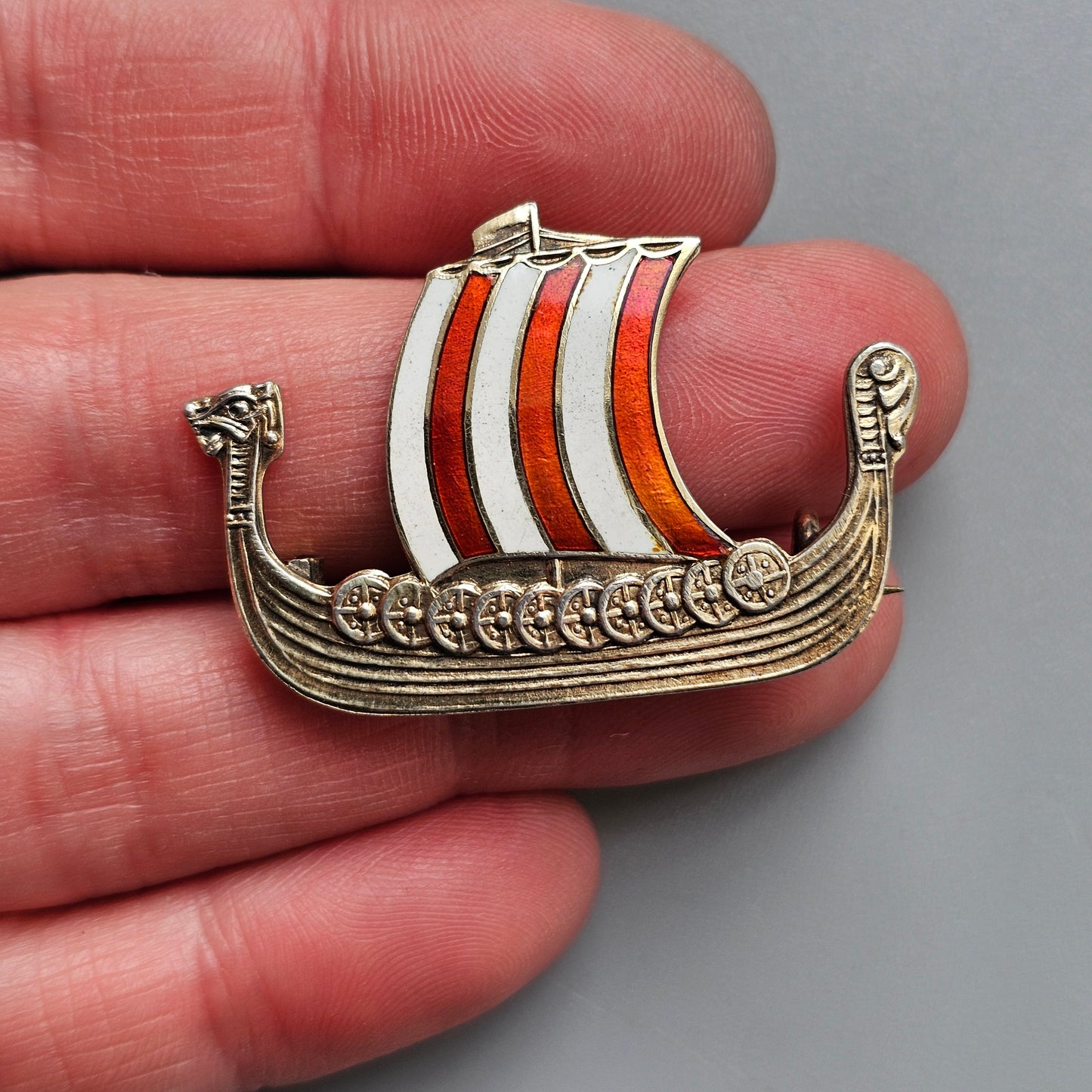 Vintage Norwegian Silver & Enamel Viking Ship Brooch – Edvin Kristiansen Norway