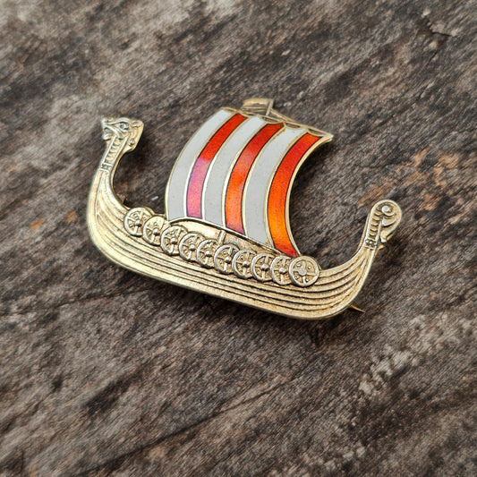 Vintage Norwegian Silver & Enamel Viking Ship Brooch – Edvin Kristiansen Norway