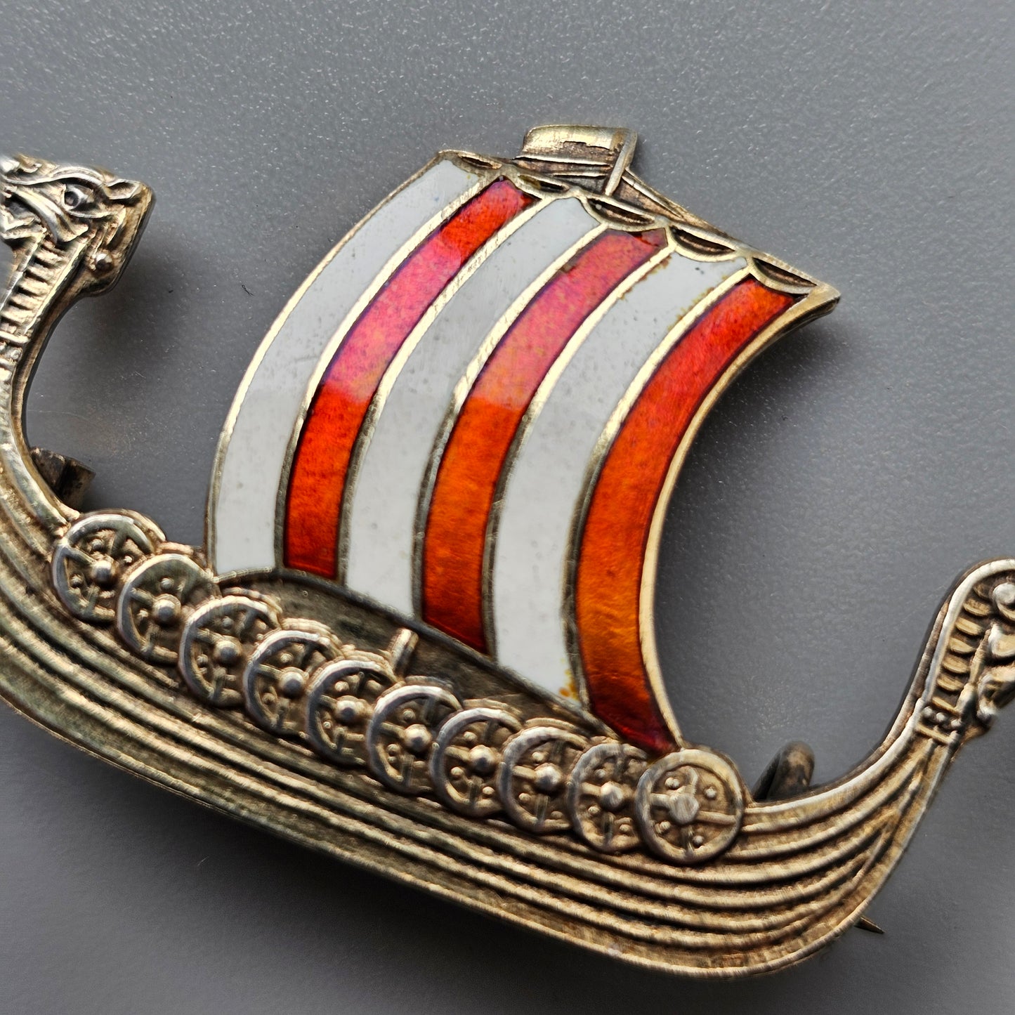 Vintage Norwegian Silver & Enamel Viking Ship Brooch – Edvin Kristiansen Norway