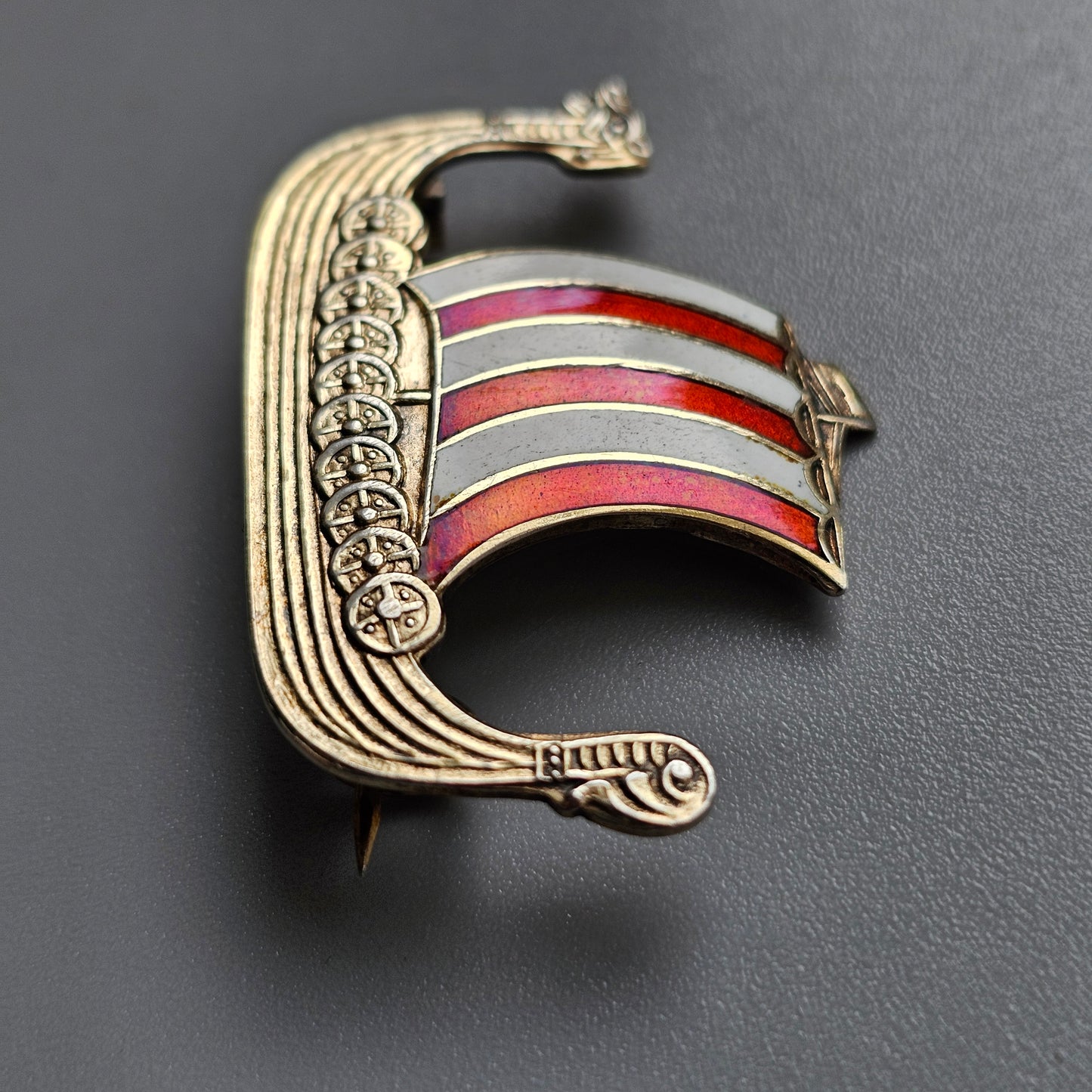 Vintage Norwegian Silver & Enamel Viking Ship Brooch – Edvin Kristiansen Norway