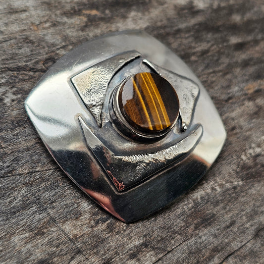 Vintage 60s Tiger’s Eye Scandinavian Silver Brooch & Necklace Pendant — Modernist Finnish Design 1965
