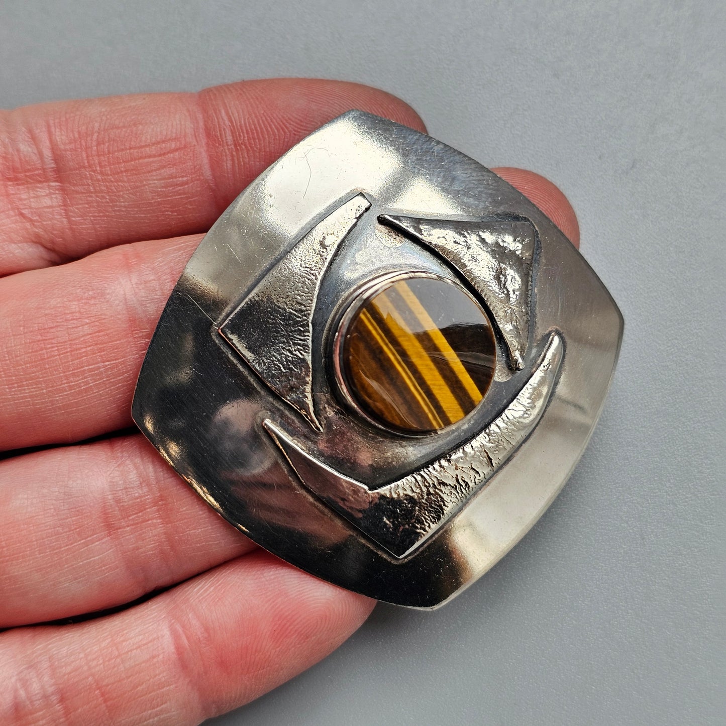 Vintage 60s Tiger’s Eye Scandinavian Silver Brooch & Necklace Pendant — Modernist Finnish Design 1965