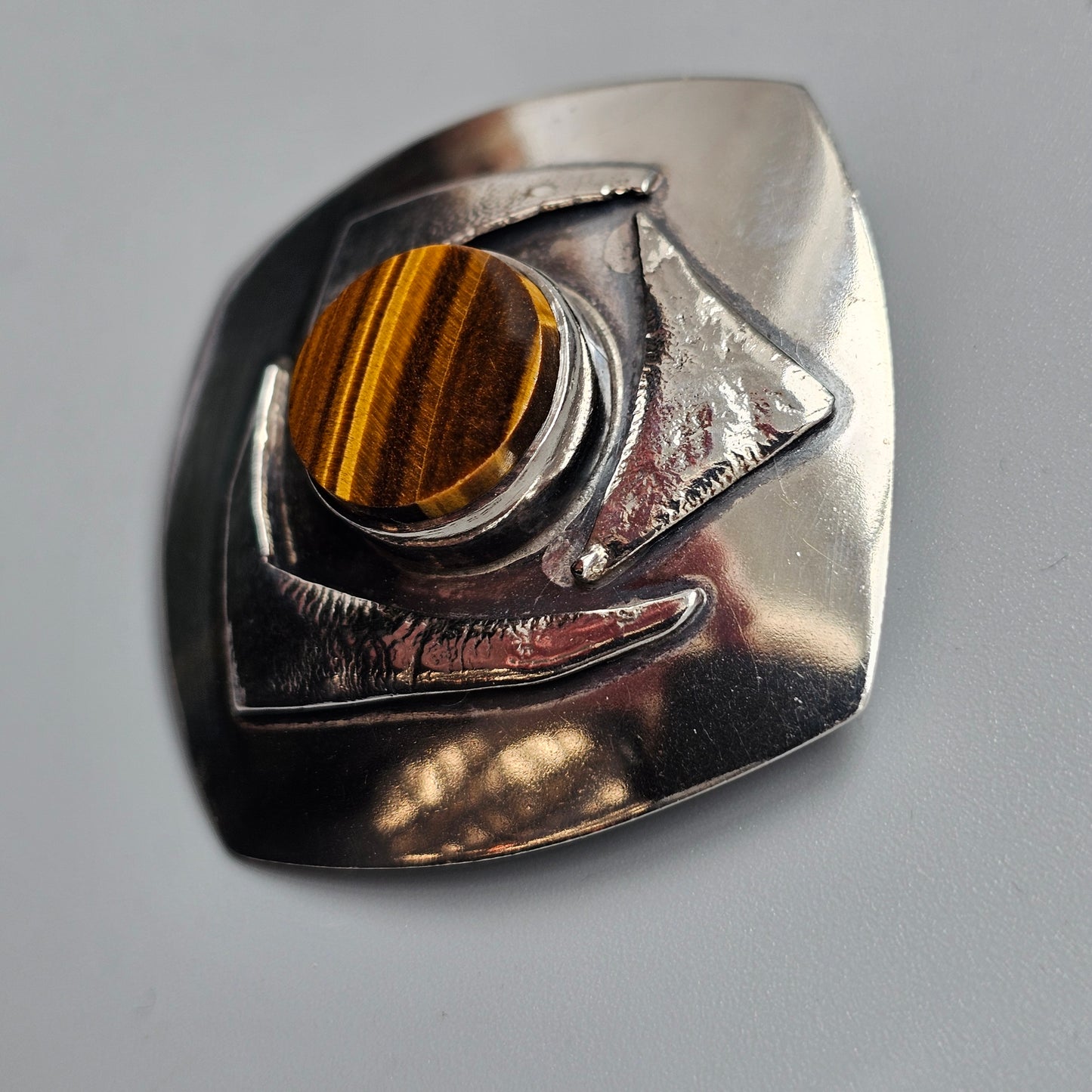 Vintage 60s Tiger’s Eye Scandinavian Silver Brooch & Necklace Pendant — Modernist Finnish Design 1965