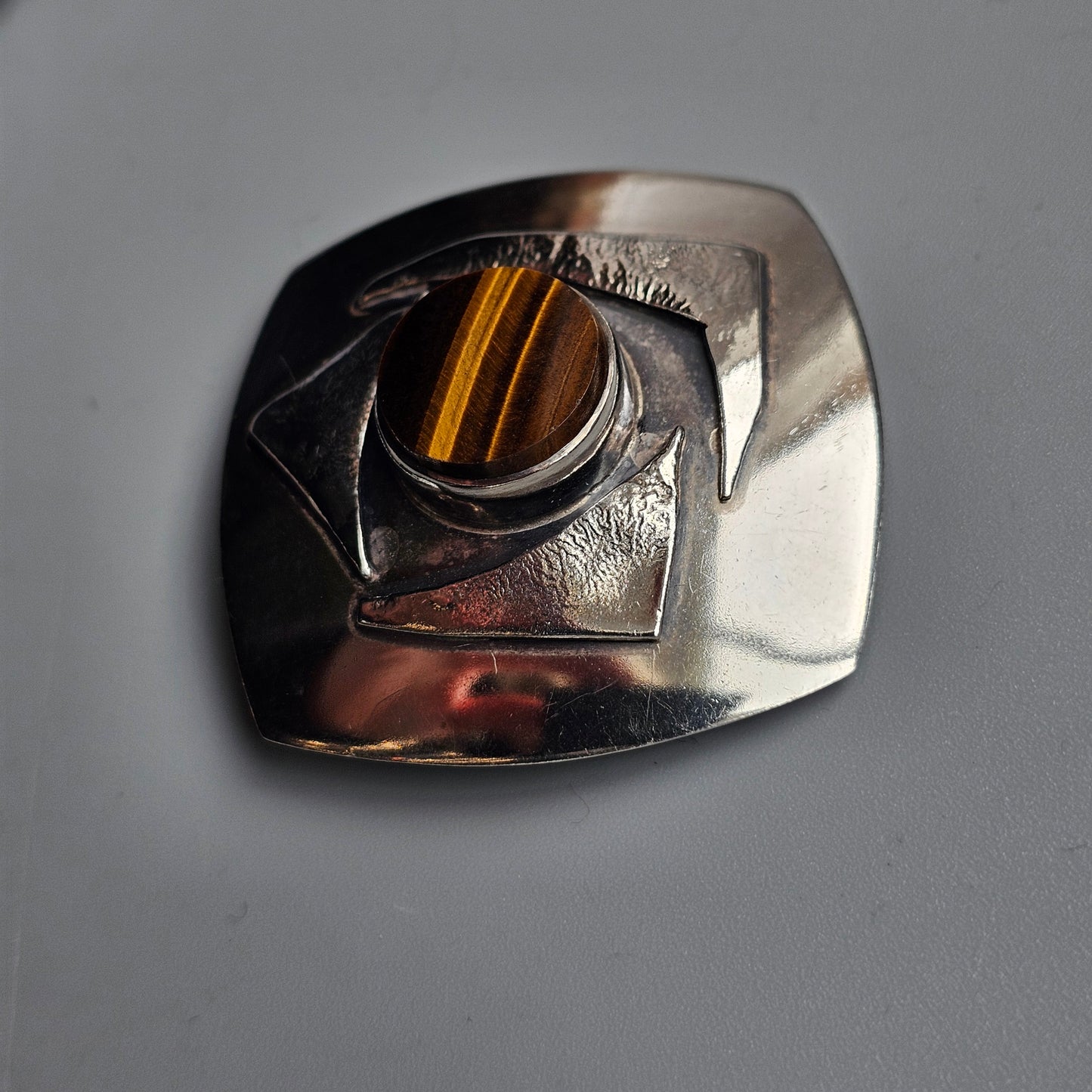 Vintage 60s Tiger’s Eye Scandinavian Silver Brooch & Necklace Pendant — Modernist Finnish Design 1965