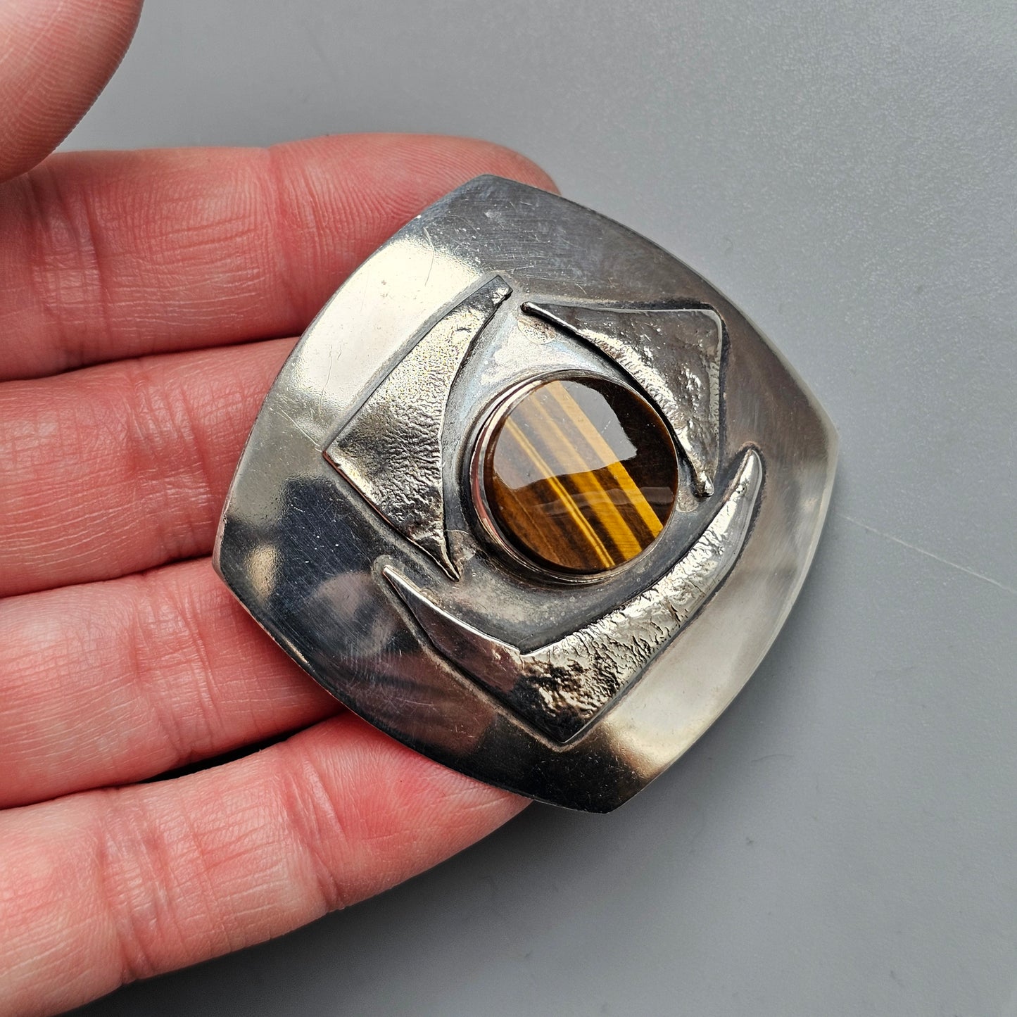 Vintage 60s Tiger’s Eye Scandinavian Silver Brooch & Necklace Pendant — Modernist Finnish Design 1965