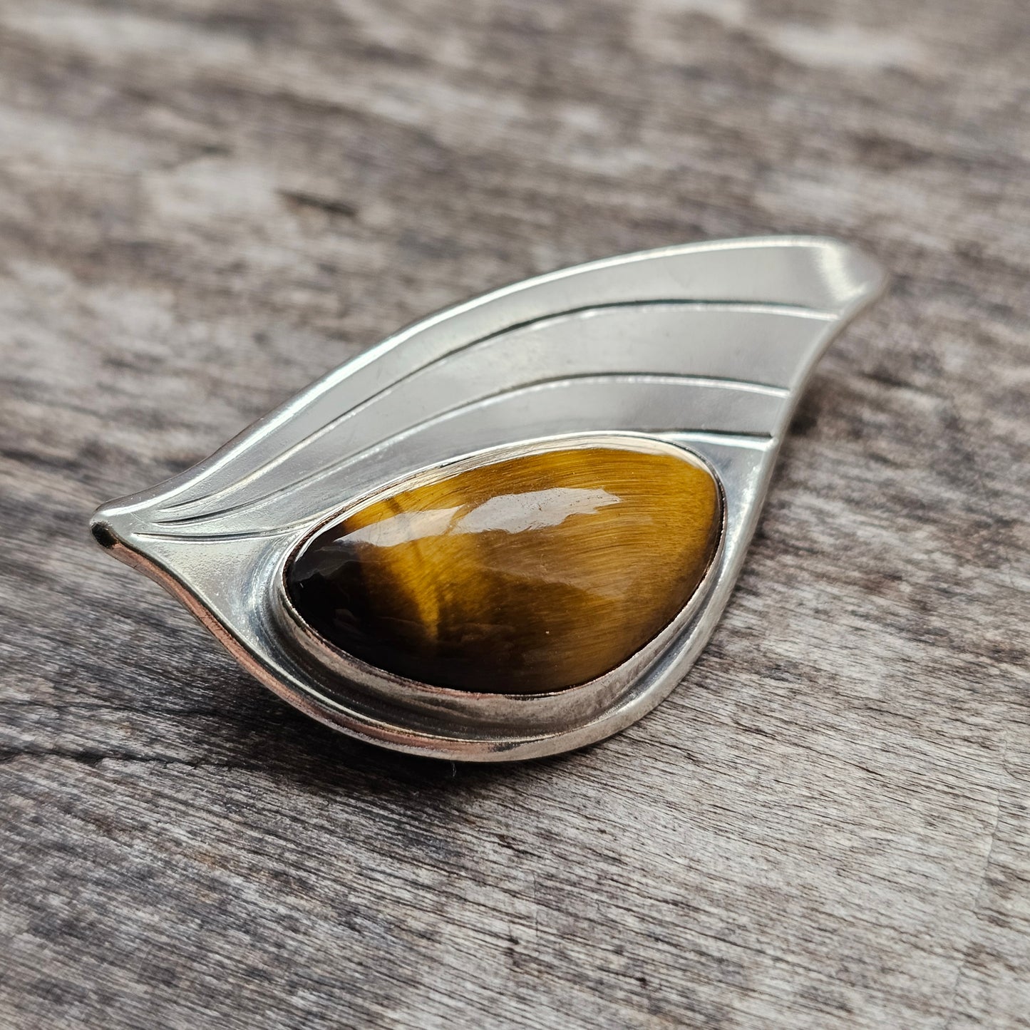 Scandinavian Modernist Tiger’s Eye Silver Brooch by Allan Johansson — Sweden 1962