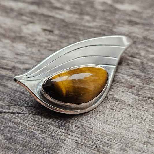 Scandinavian Modernist Tiger’s Eye Silver Brooch by Allan Johansson — Sweden 1962