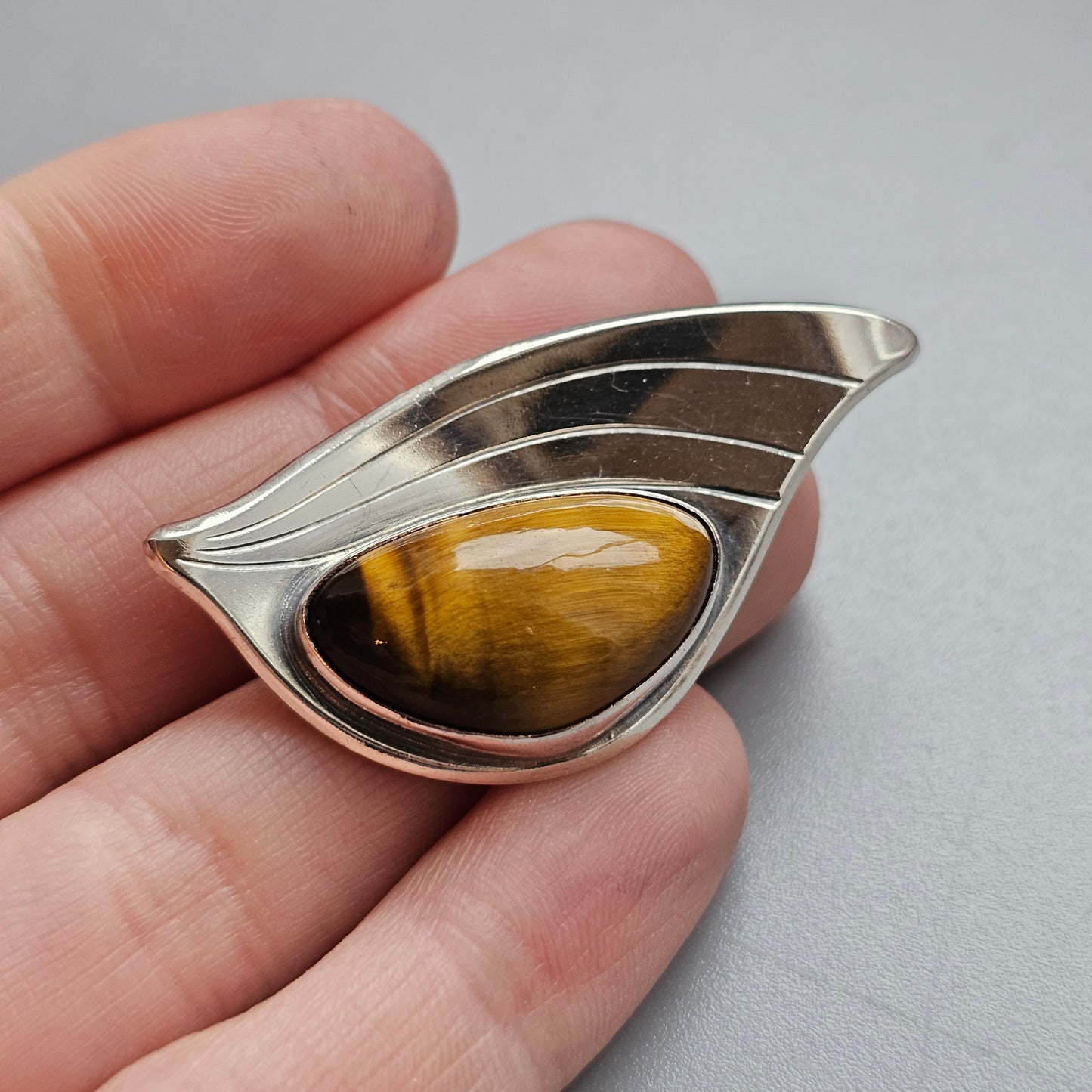 Scandinavian Modernist Tiger’s Eye Silver Brooch by Allan Johansson — Sweden 1962