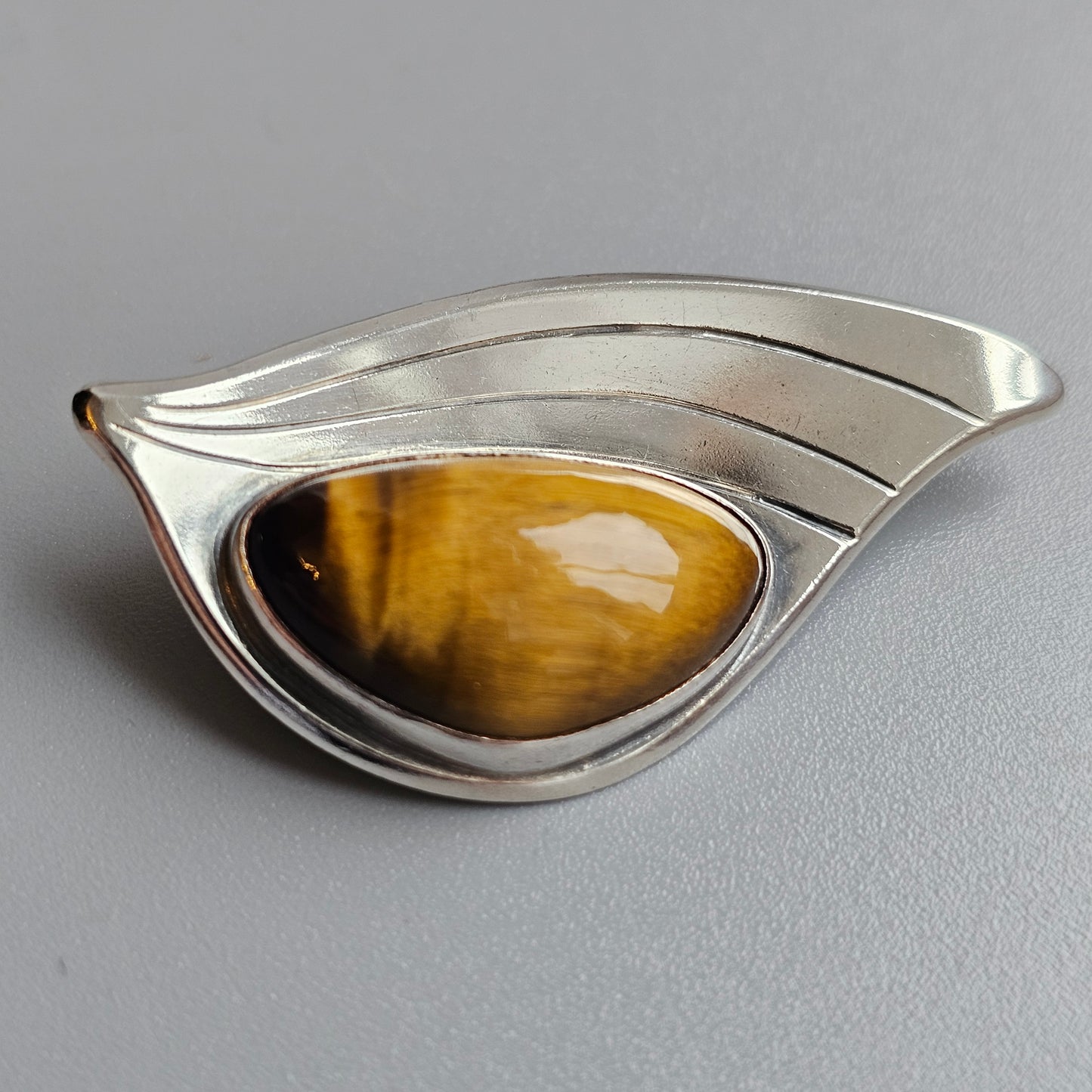 Scandinavian Modernist Tiger’s Eye Silver Brooch by Allan Johansson — Sweden 1962