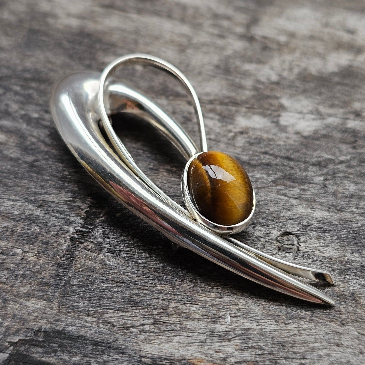 Vintage Finnish Modernist Silver & Tigers Eye Brooch by Kultaseppa Salovaara 1961