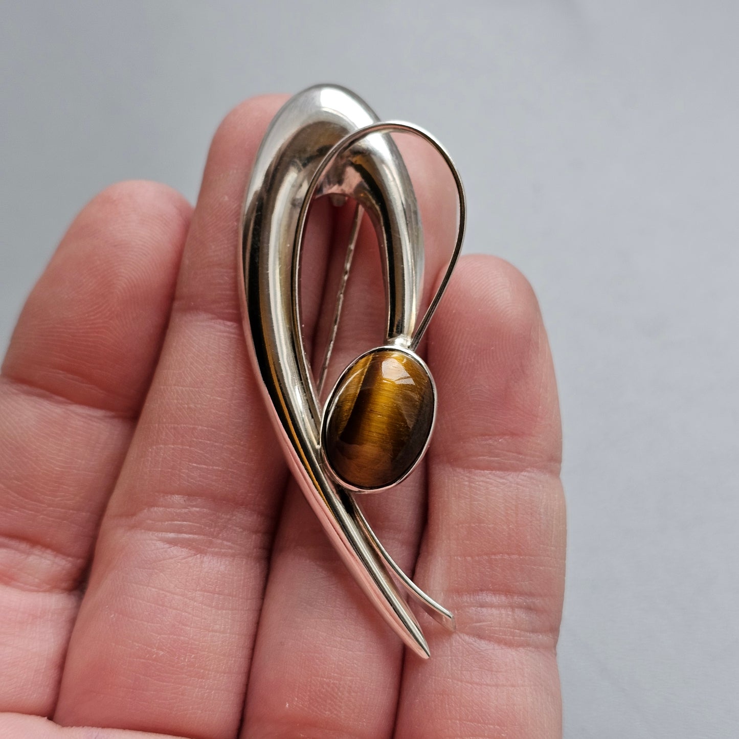 Vintage Finnish Modernist Silver & Tigers Eye Brooch by Kultaseppa Salovaara 1961