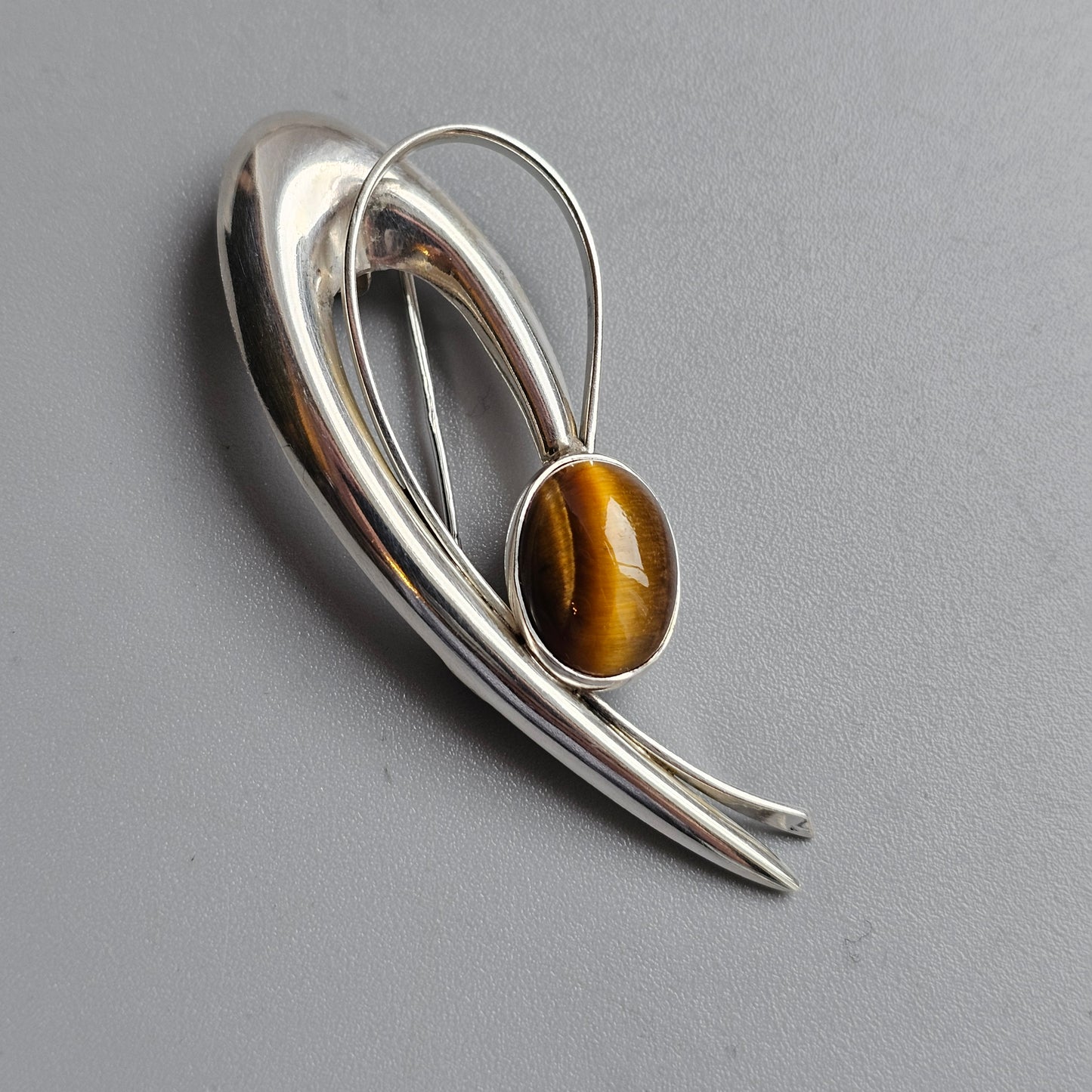 Vintage Finnish Modernist Silver & Tigers Eye Brooch by Kultaseppa Salovaara 1961