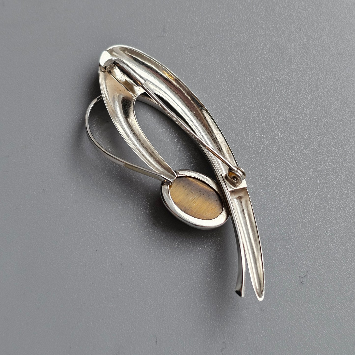 Vintage Finnish Modernist Silver & Tigers Eye Brooch by Kultaseppa Salovaara 1961