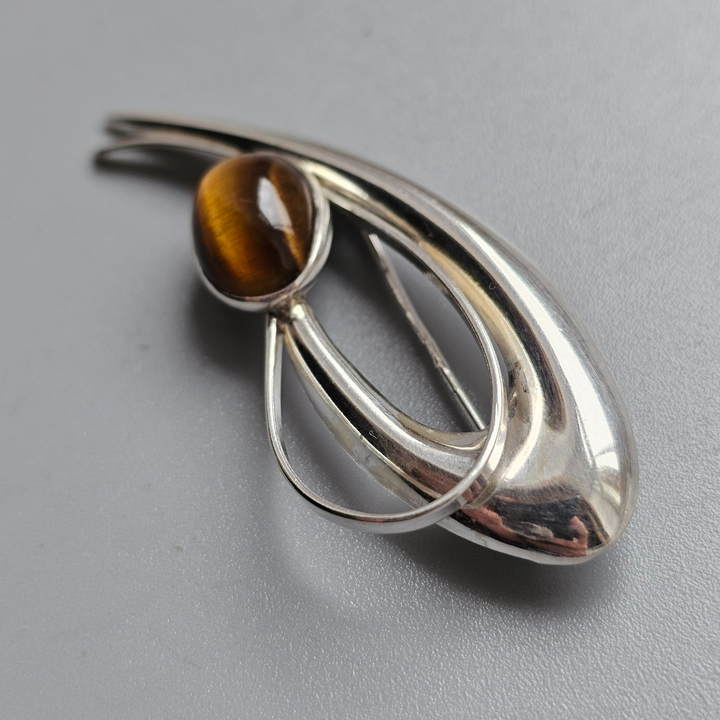 Vintage Finnish Modernist Silver & Tigers Eye Brooch by Kultaseppa Salovaara 1961