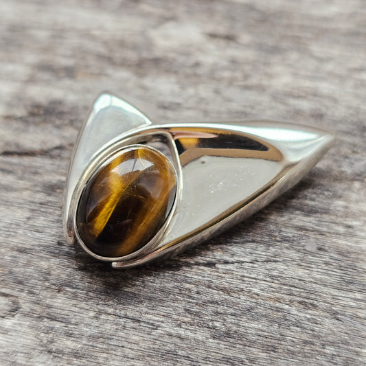 Small Vintage Silver Brooch with Tiger’s Eye — Mid-Century Finnish