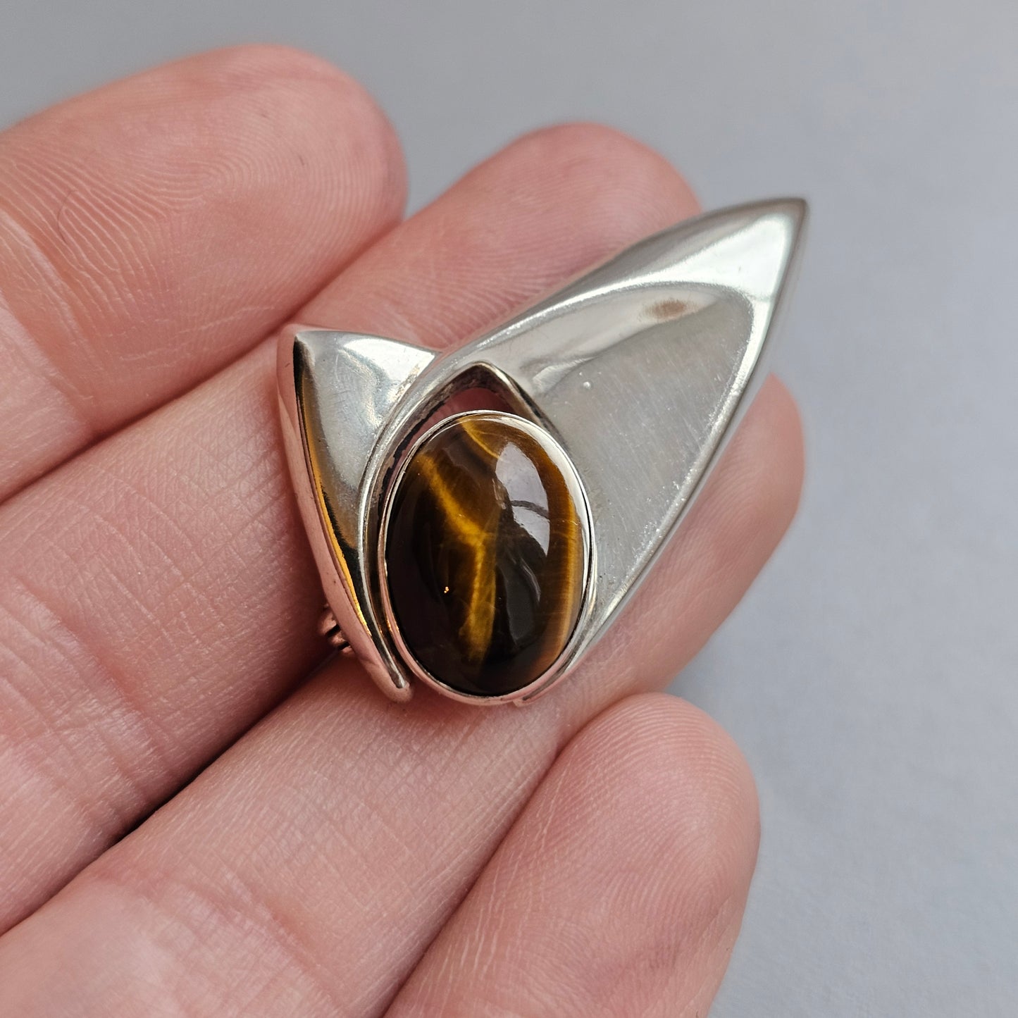 Small Vintage Silver Brooch with Tiger’s Eye — Mid-Century Finnish