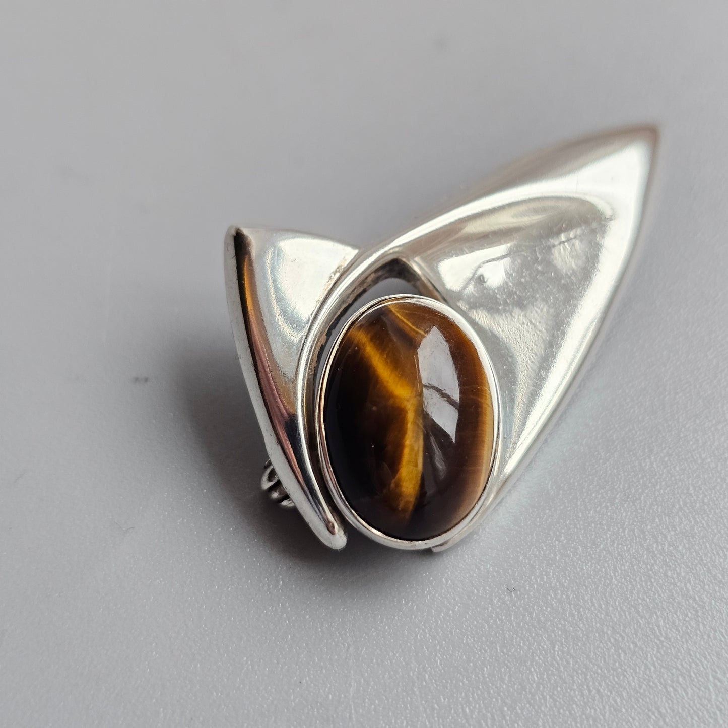 Small Vintage Silver Brooch with Tiger’s Eye — Mid-Century Finnish