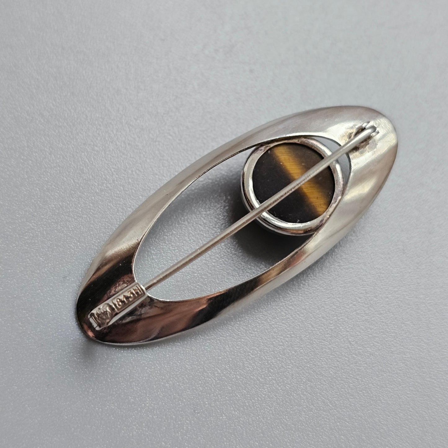 Nordic Modernist Silver Brooch with Tiger’s Eye by Turun Hopea