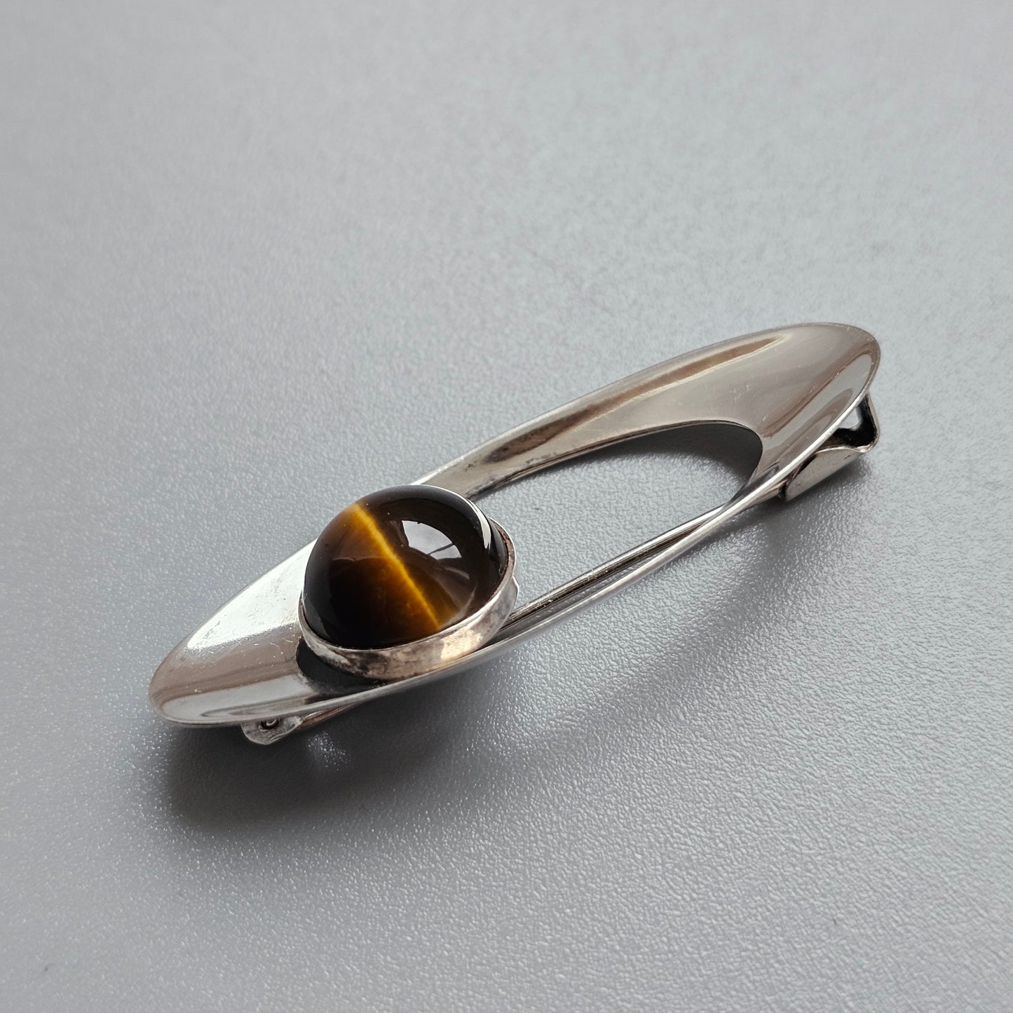 Nordic Modernist Silver Brooch with Tiger’s Eye by Turun Hopea