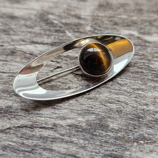 Nordic Modernist Silver Brooch with Tiger’s Eye by Turun Hopea