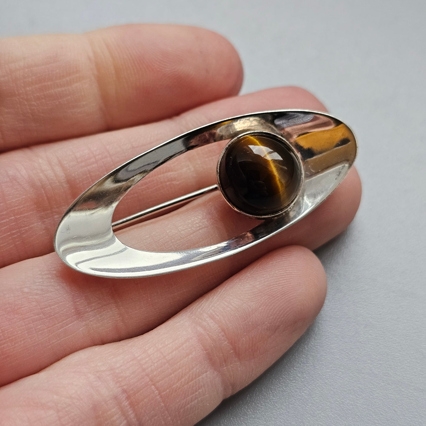 Nordic Modernist Silver Brooch with Tiger’s Eye by Turun Hopea