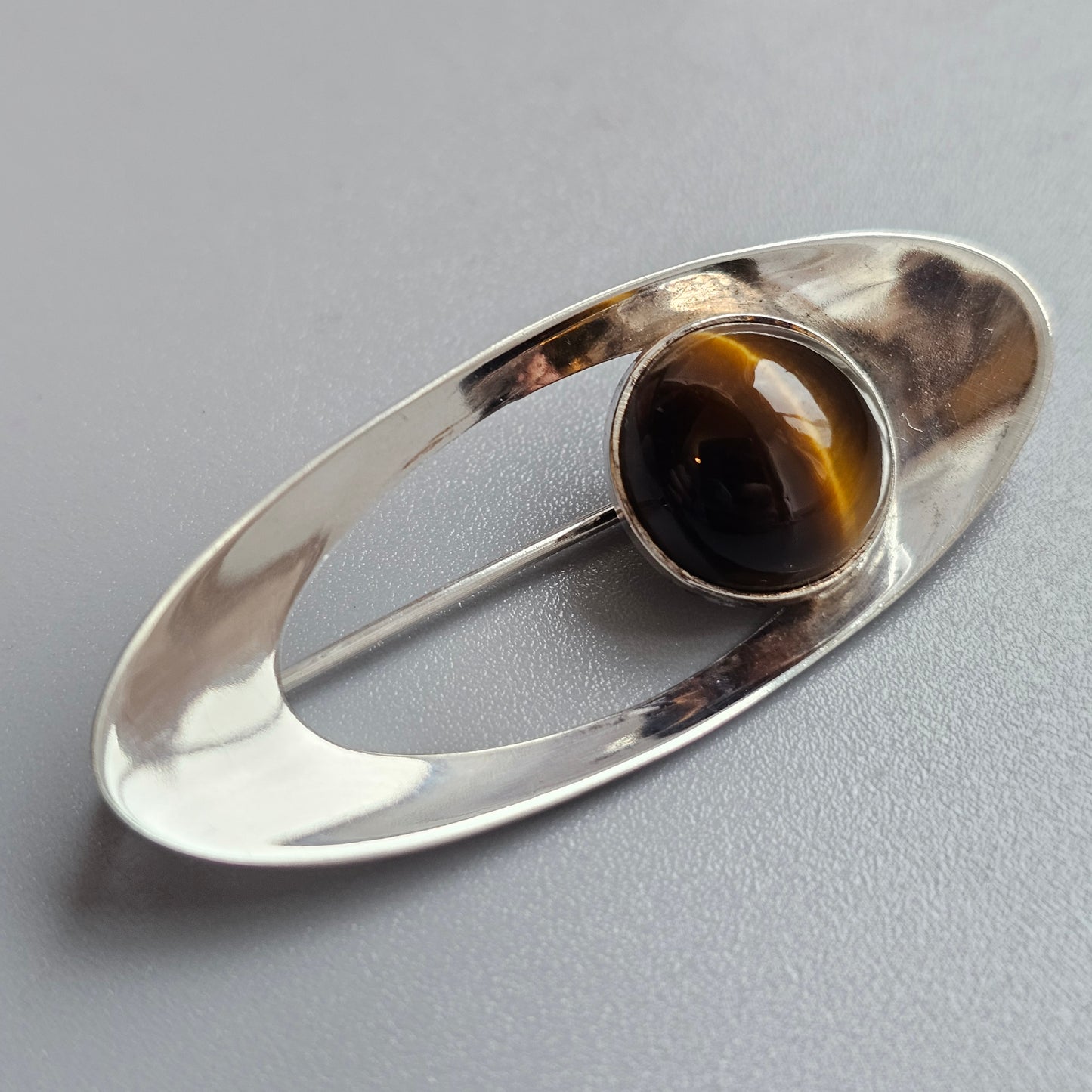 Nordic Modernist Silver Brooch with Tiger’s Eye by Turun Hopea