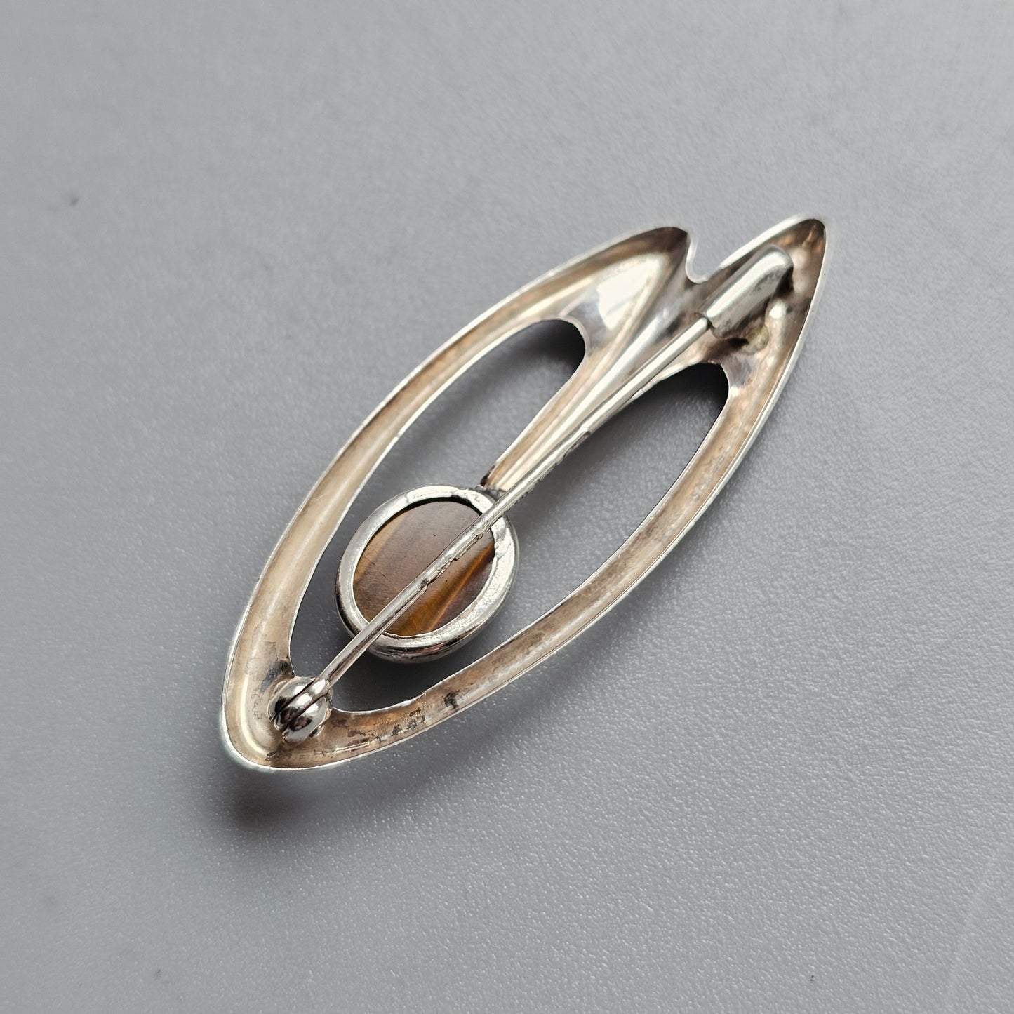 Small Retro Finnish Silver Brooch with Tiger’s Eye — Mid-Century Modern by Kultaseppä Salovaara 1960