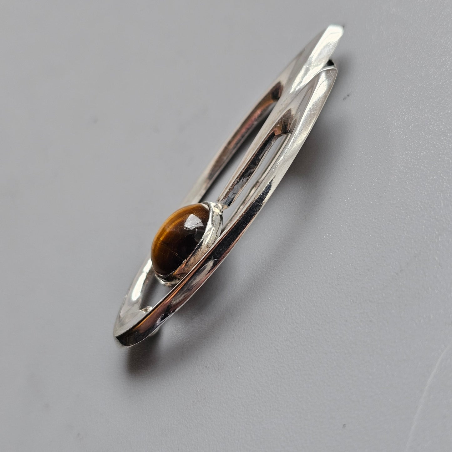 Small Retro Finnish Silver Brooch with Tiger’s Eye — Mid-Century Modern by Kultaseppä Salovaara 1960