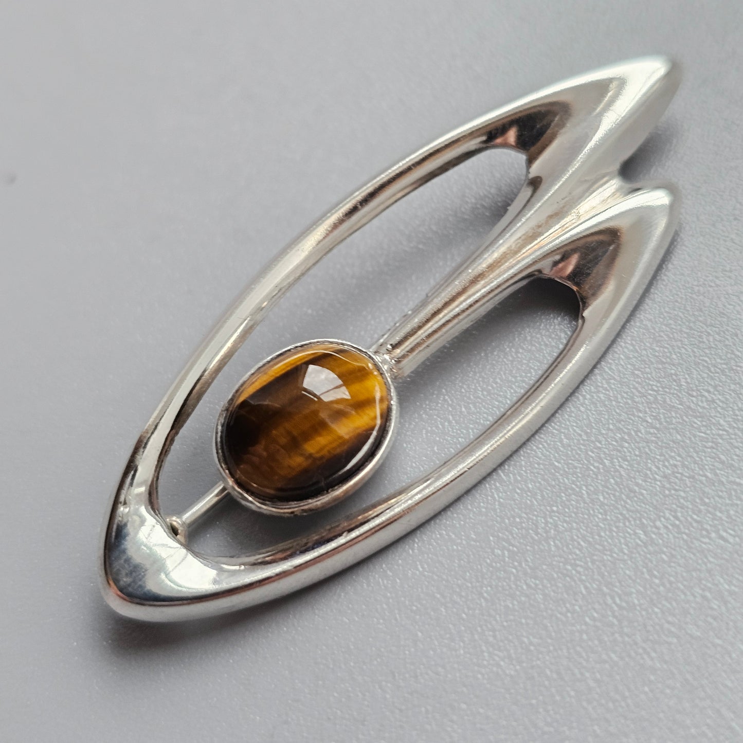 Small Retro Finnish Silver Brooch with Tiger’s Eye — Mid-Century Modern by Kultaseppä Salovaara 1960