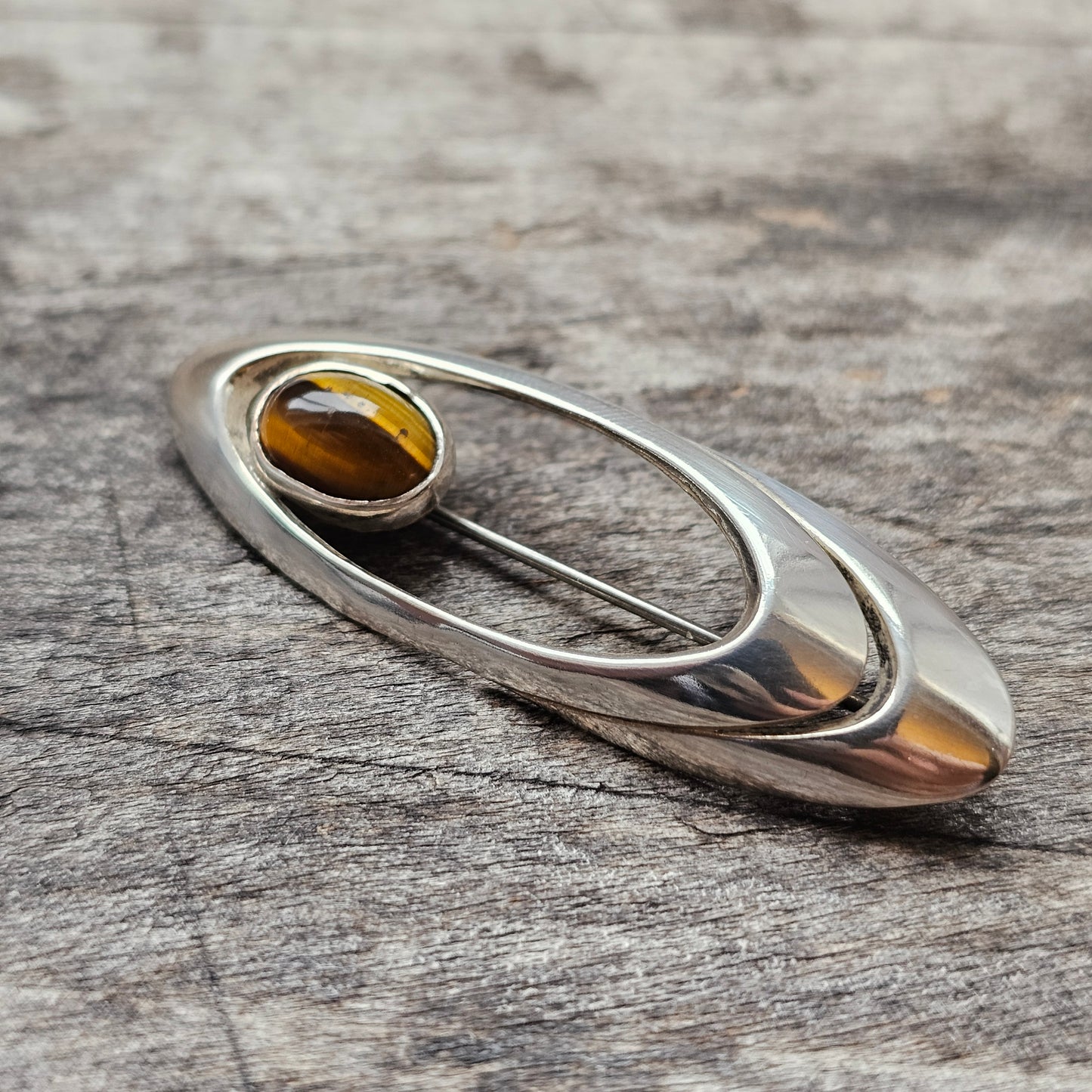 Vintage Modernist Silver Brooch with Tiger’s Eye by Holger Lindström 1960