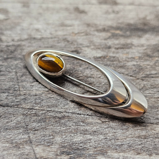 Vintage Modernist Silver Brooch with Tiger’s Eye by Holger Lindström 1960