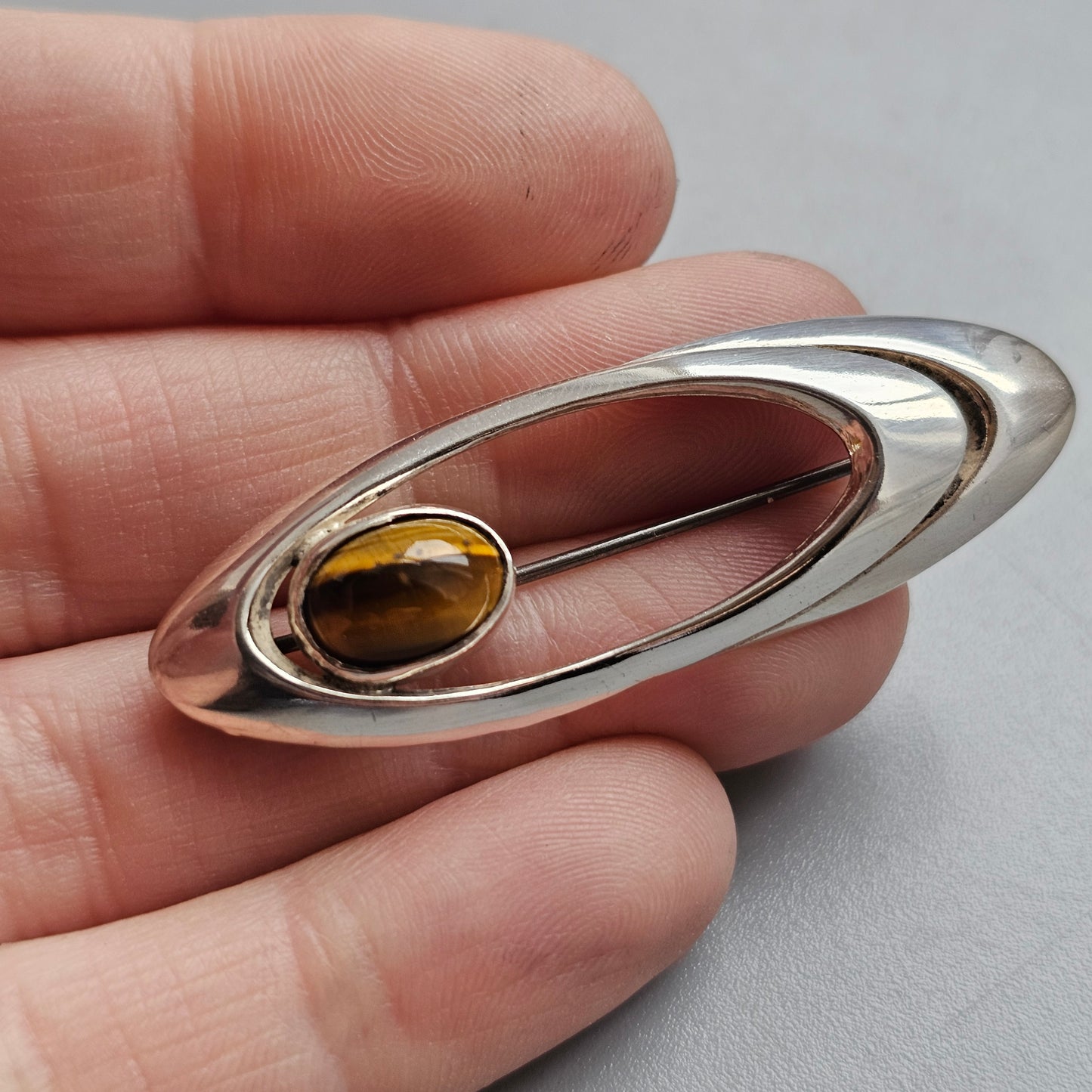 Vintage Modernist Silver Brooch with Tiger’s Eye by Holger Lindström 1960