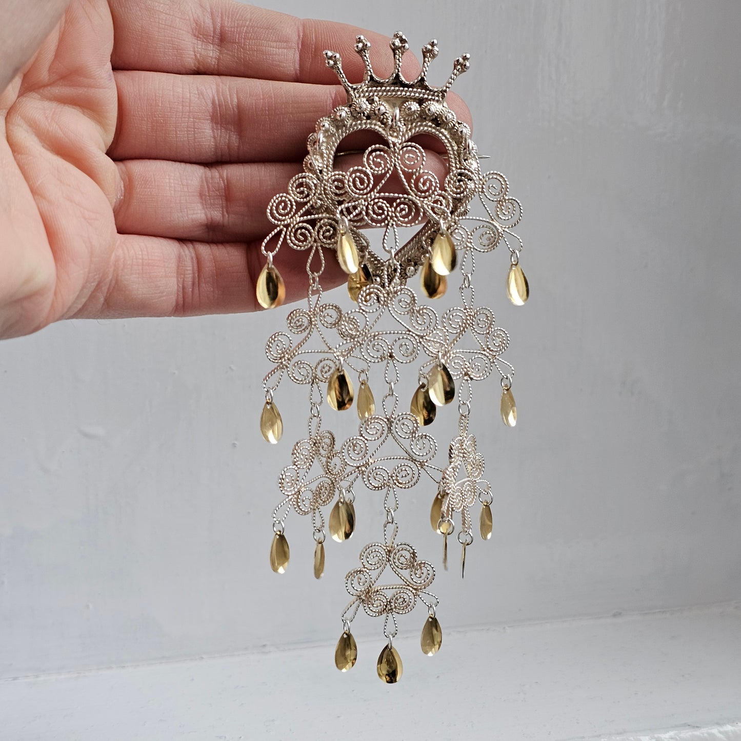 Large Traditional Norwegian Dangly Silver Filigree Crown Heart Solje Brooch