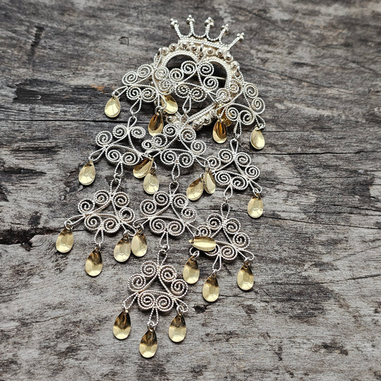 Large Traditional Norwegian Dangly Silver Filigree Crown Heart Solje Brooch
