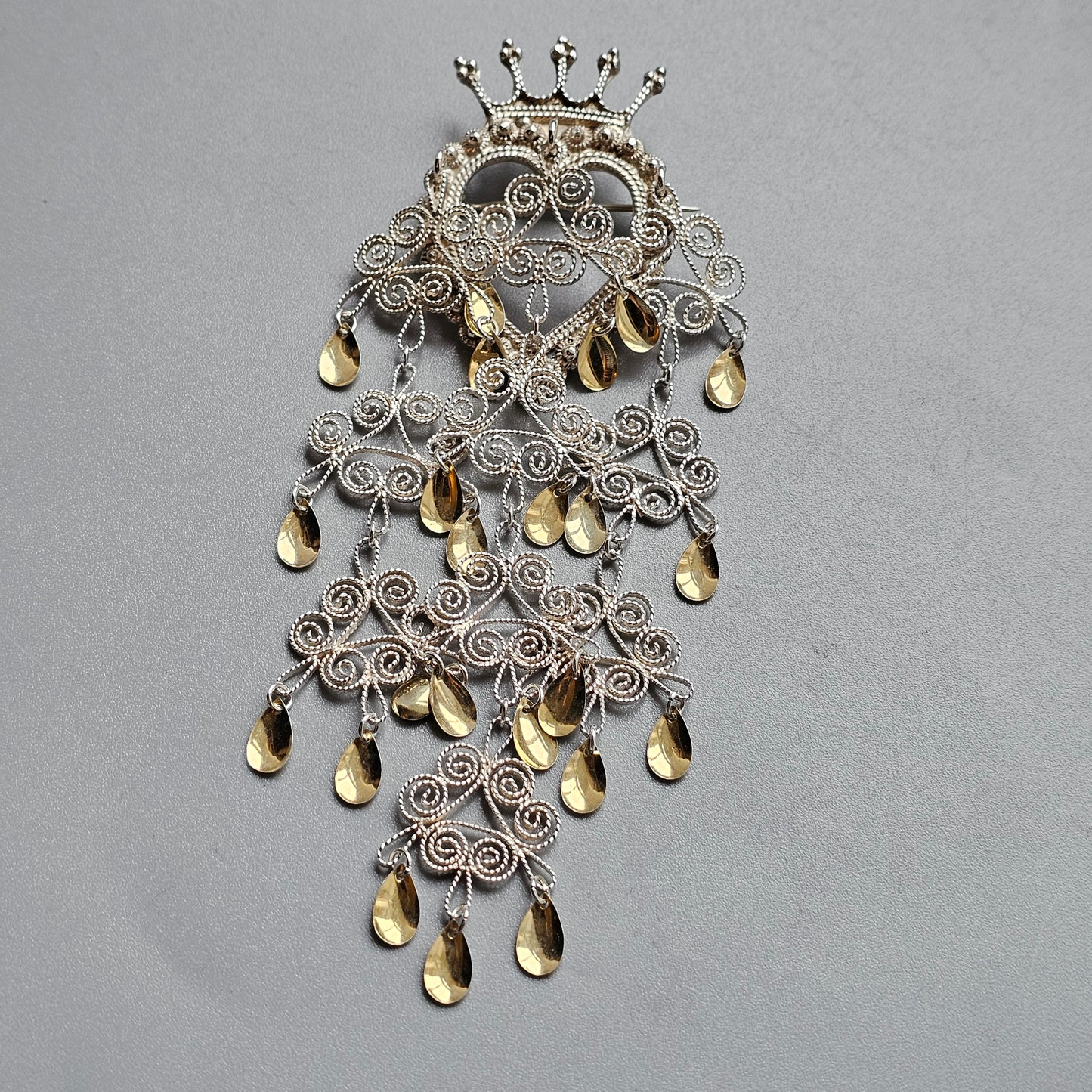 Large Traditional Norwegian Dangly Silver Filigree Crown Heart Solje Brooch