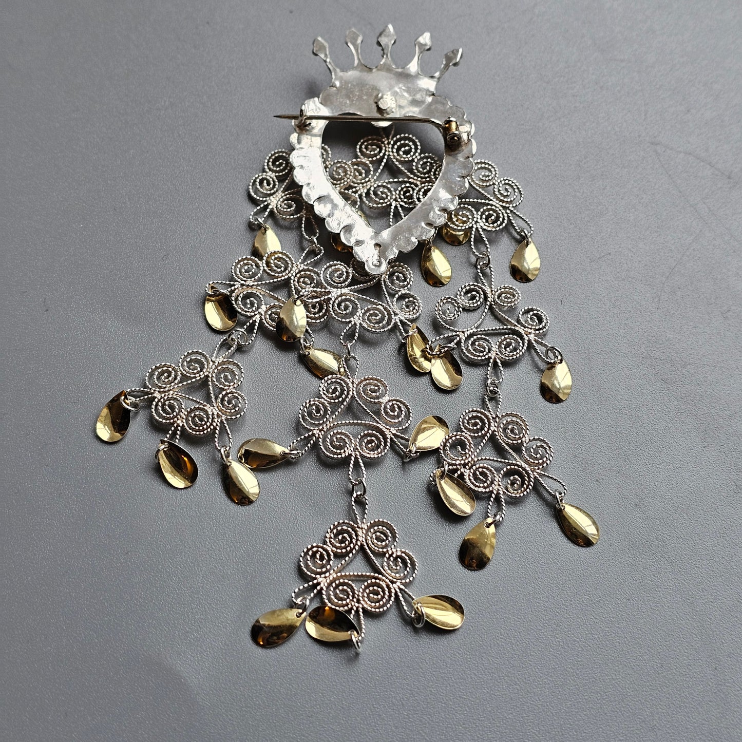 Large Traditional Norwegian Dangly Silver Filigree Crown Heart Solje Brooch