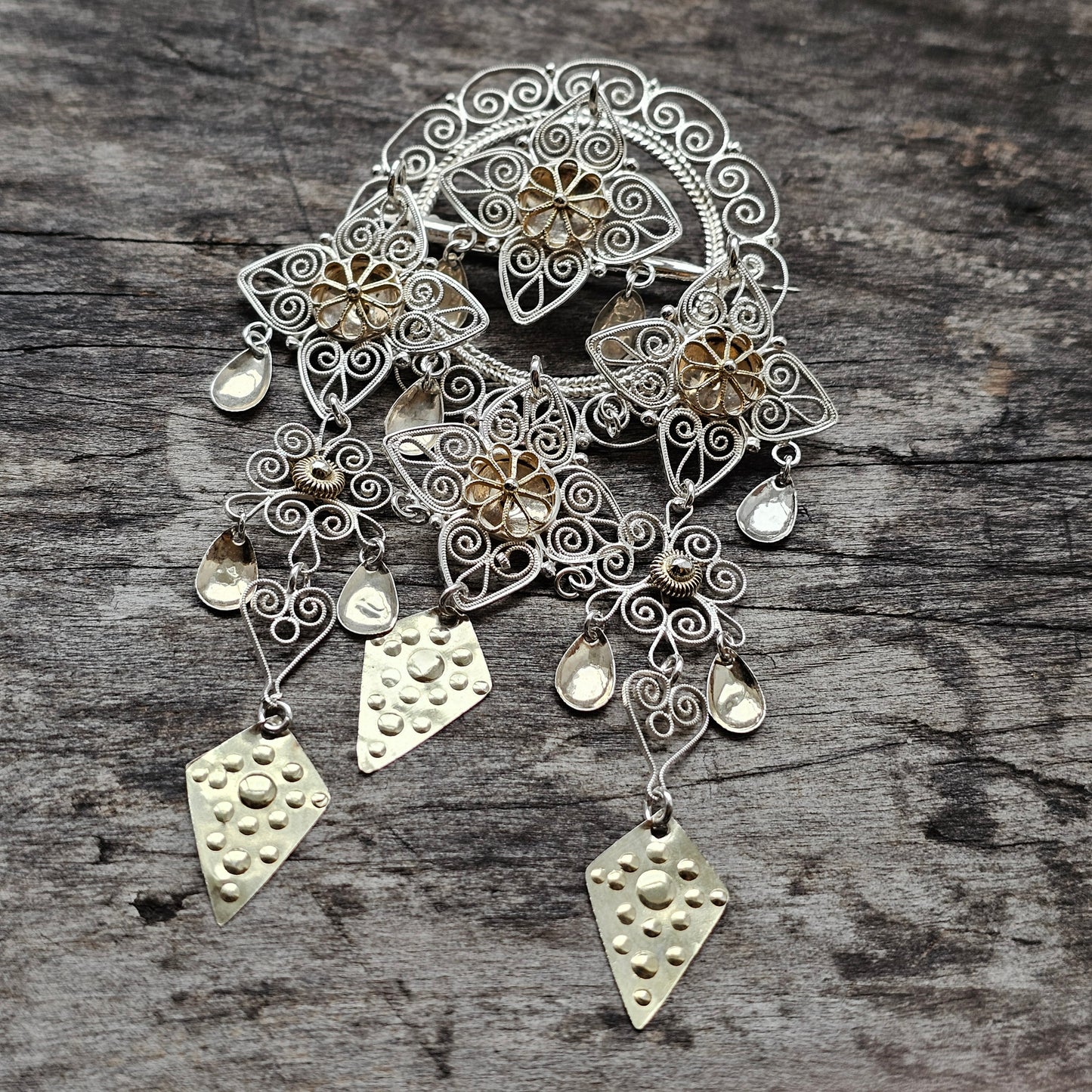 Traditional Norwegian Dangly Silver Filigree Solje Brooch